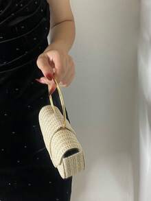 Mini Fashionable Straw Handbag, Women's Tote Bag, Crescent-Shaped, Lightweight, Ideal For Beach, Handheld Or Shoulder Carry, Summer Essential Ladies' Vacation Purse, Wallet, Phone Bag, Straw Woven Bag, Beach Bag, Suitable For Party, Wedding, Anniversary, Birthday, A Great Gift For Women - Apricot - View 4