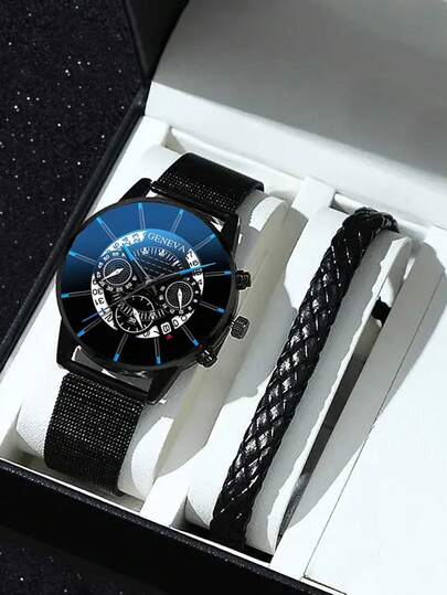 2PCS Men's Fahion Black Zinc Alloy Strap Simple Business Quartz Watch,Watches For Men +Casual Bracelet, Suitable For Daily Decoration, Gift