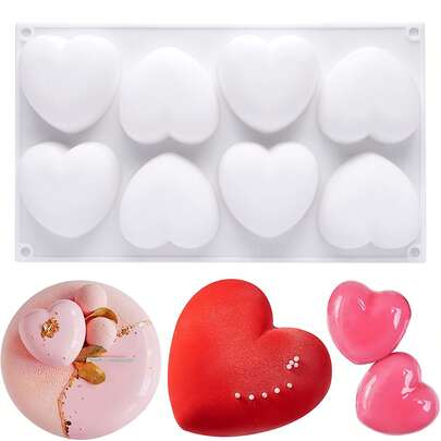 3D Silicone Molds For Chocolate, 8 Cavities Mousse Cake Mold 3D Heart Shape Silicone Dessert Bakeware Moulds For Chocolate, Mini Cake, Dessert, Pastry, Brownie Jelly Fondant, Valentine's Day Party, Home Decor, Home Gifts