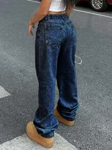 Medium Waist Women's Wide Leg Jeans In Plus Size, Straight Leg Shape, Loose Elastic, Comfortable, Classic And Casual With Pockets(The Size Is Too Large, It Is Recommended To Take A Smaller Size) - Rửa tối - Xem 6