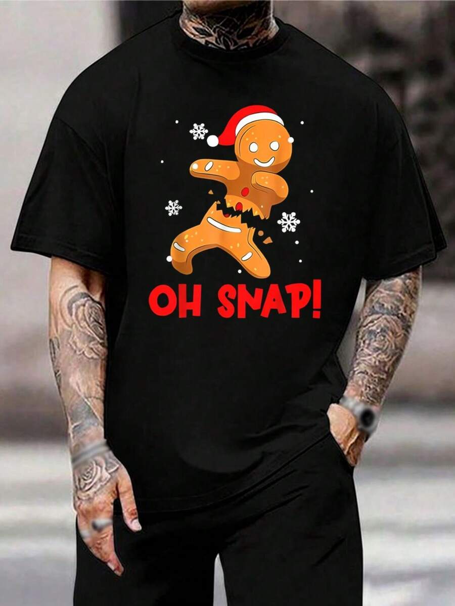 Divertida Camiseta de Hombre de Jengibre ¡Oh Snap! - Camiseta Navideña para Hornear - Regalo para Fiesta Navideña - Cuello Redondo Festivo - Ropa Informal de Invierno para Hombres, Mujeres y Jóvenes - Negro - Ver 1
