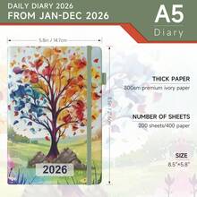 Sailingvan 1 本日记本 2026 年每日一页 A5，从 2026 年 1 月到 2026 年 12 月，带月视图的预约簿，带松紧带封口，笔环，彩色标签，内袋，A5（5.7 英寸 X 8.3 英寸）