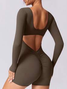 NcmRyu 1 pieza Mono con diseño fruncido en forma de V para levantar el trasero de mujer para correr, gimnasio, entrenamiento - Café integral - Ver 1