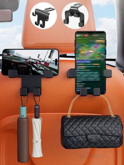 2 个汽车头枕挂钩收纳，汽车多功能手机支架，适合安装在汽车座椅靠背的创意挂钩上，汽车后座多功能手机支架挂钩，创意汽车内饰座椅靠背收纳袋