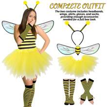 4/5 Stücke Bienen Kostüm für Erwachsene Frauen, gelbe Bienen Kopfbänder mit Antennen, transparente Flügel, gelber Tüllrock, gestreifte Stulpen Socken und Handschuhe für Karneval, Ostern Tier Cosplay Party Kostüme
