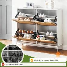 Narrow Shoe Cabinet, Shoe Rack With 4 Flaps, Rattan Shoe Cabinets With Removable Dividers For 16-20 Pairs Of Shoes, Space-Saving, Dustproof, For The Entrance, Hallway 100x24x88cm - 白色 - 查看 5