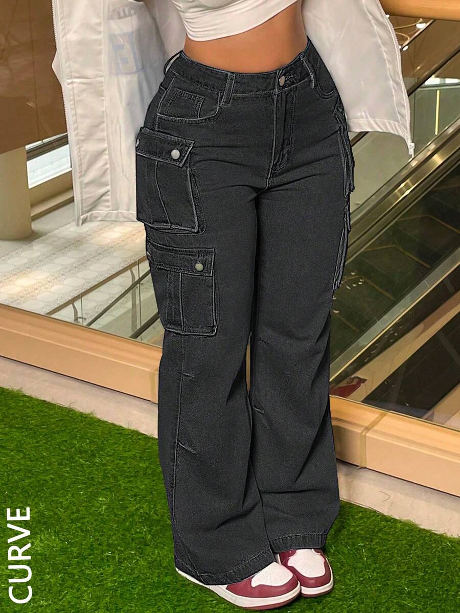 Plus Size Women's Jeans Straight Leg High Waist Loose Fit Denim Pants With Pockets - Comfortable Casual Workwear Trousers For Women - 黑色 - 查看 1