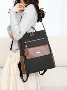 女士防盗流苏复古双肩包，多功能时尚日常包，多口袋轻便旅行包，大容量简约书包，方便实用，适合学生、护士、教师、商务人士、旅行、通勤、购物、办公、约会、徒步、训练、工作等各种场合，也是生日礼物和节日礼物的理想之选。 - 黑色 - 查看 9