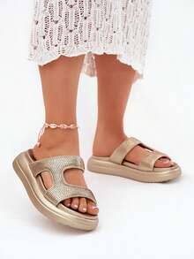 女士时尚百搭休闲水钻装饰拖鞋，夏季 - 金色 - 查看 6