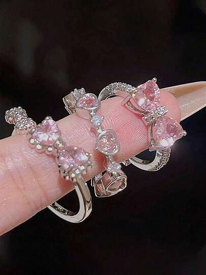 3pcs Y2K Floral Heart Rhinestone Rings Set, Creative Elegant Jewelry Gift For Daily, Party, Vacation