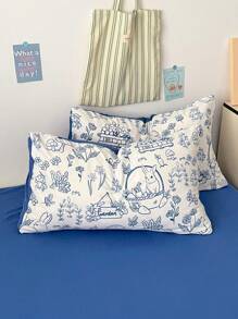 1 Set Juego de Ropa de Cama con Estampado de Conejo Azul Klein de 4 Piezas, Estilo Boceto Suave y Cómodo Adecuado para Todas las Estaciones para el Hogar, Hotel, Decoración de Dormitorio, (1 Edredón + 1 Sábana Plana + 2 Fundas de Almohada), Patrón de Funda de Almohada Aleatorio