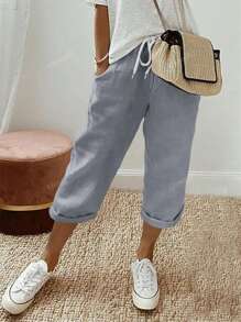 Pantalones casuales de unicolor con cordón y bolsillo para mujer, estilo diario