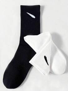 6 Pairs Unisex Black & White Mid-Calf/Crew Socks, Minimalist Design Comfortable Casual Socks Suitable For Daily Wear, Home, Travel, Sports, All Seasons