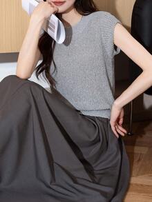 女士休闲简约圆领套头毛衣，夏季百搭 - 淺灰色 - 查看 5