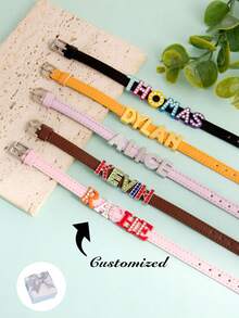 1pc Customized Leather Initials Strap Bracelet Diamond Initial Letter Multi-Color Pendant Bracelet For Women Daily Wearing - Optional - View 1