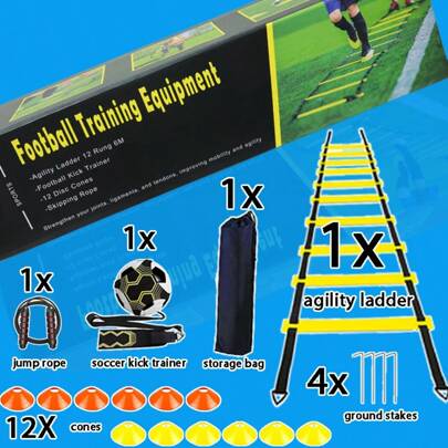 BJNCDIO 20-teiliges Sporttrainingszubehörset Verschiedene 236'' Agility-Leitern Mit 12 Logo-Kegeln und einem langlebigen Fußball-Trainingsgürtel, verstellbarem Springseil und verschleißfester Aufbewahrungstasche Bunte Geschenkbox Geeignet für körperliches Training Vielseitig einsetzbar