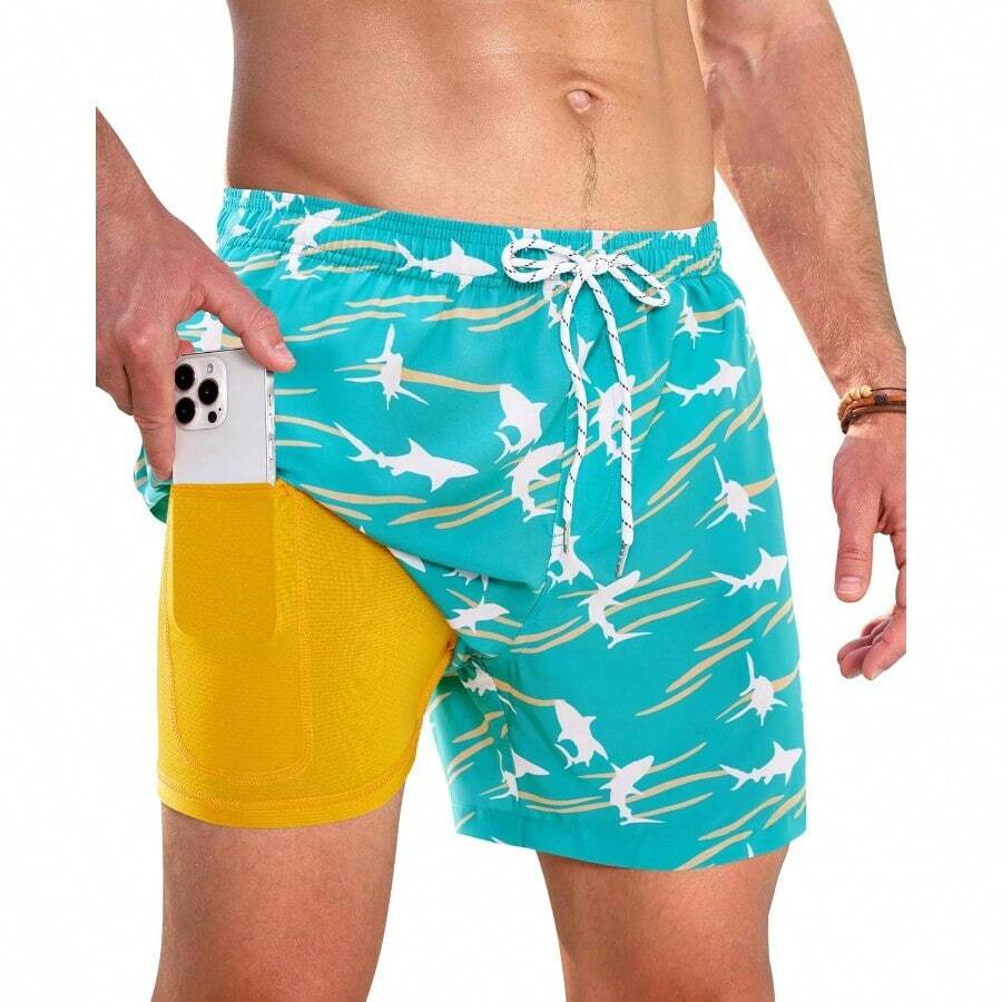 Swim Trunks Mens 5 Inch Inseam Compression Liner Short Men Bathing Suit Lined Swimming Shorts Men's Swim Suits - Green Shark - View 1