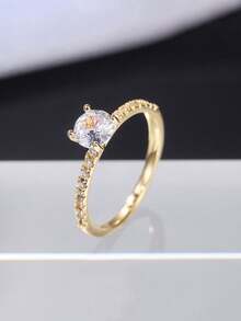 Anillo de circonita cúbica elegante, plateado de platino con diamante simulado, adecuado para compromiso, boda y ocasiones de regalo para mujeres - Dorado - Ver 5