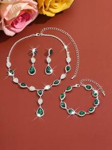 Fashionable Wedding Jewelry Set - Necklace, Bracelet And Teardrop-Shaped Rhinestone Earrings - 1662796 Green Suit - View 3