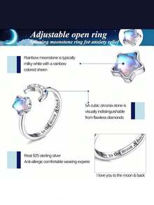Milacolato 925 Sterling Silver Fidget Rings For Women Girl Open Adjustable Moonstone Anxiety Rings CZ Moon Star Spinner Ring Lettering Knuckle Promise Wedding Engagement Rings With Gift Boxed - Silver - View 3