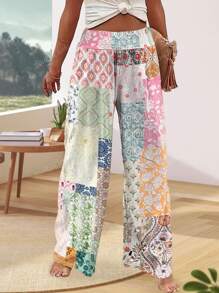  Fashionable! 2025 Spring/Summer Women's Bohemian Floral Loose Pants - Ditsy Print Patchwork High-Waisted Elasticated Stretchy Nylon Wide-Legged Palace Beach Yoga Comfortable Pants