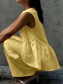 2pcs Women Casual Elegant Vacation Date Linen Top And Pants Set, Spring/Summer - Yellow - View 4