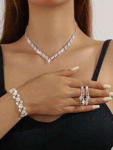 Bộ 4 chiếc/Bộ dây chuyền mặt hình học đính đá Rhinestone hoàn chỉnh, hoa tai, vòng tay Bộ trang sức, Thích hợp cho phụ nữ đi làm hàng ngày, hẹn hò ở trường, đám cưới, tiệc tùng, quà tặng ngày lễ tình nhân Valentine - Bộ dây chuyền tinh tế - Xem 13