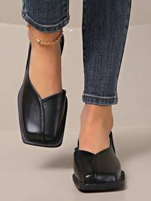 女士时尚高跟鞋 - 方头设计，粗跟，米色和金色仿皮鞋面，橡胶鞋底，四季日常穿着舒适 | 时尚平底凉鞋 | 橡胶鞋底鞋类 - 黑色 - 查看 8