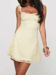 Elegant Fashion Ruffle Strap Bow Design Lace Patchwork Sleeveless Slim Fit Mini Dress