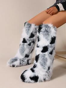 Women's Faux Fur Boot Furry Fluffy Round Toe Suede Winter Comfy Plush Warm Short Outdoor Indoor Flat Shoes Knee-High Boots - Black and White - View 6