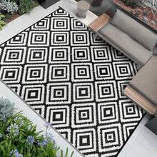 Famibay Outdoor Rug Garden Waterproof Outdoor Carpet Patio Rugs Reversible Plastic Straw Mat Lightweight Blue Geometric Garden Carpet For Camping Balcony Deck Porch BBQ - Black and White - View 1