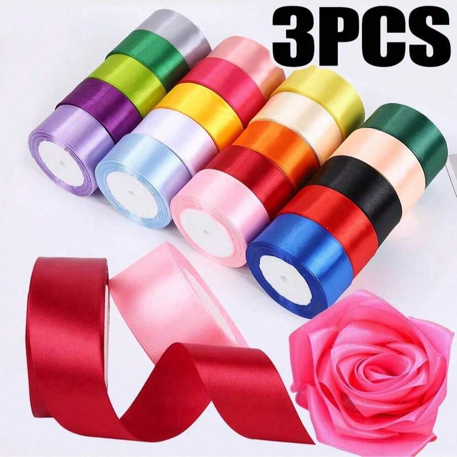 3 piezas de 4cm de cinta de satén, cinta decorativa para empaquetar cajas de regalo de colores, accesorios de ropa, decoración de fiestas de cumpleaños y festivales, cinta decorativa para hacer flores de rosa DIY - Multicolor - Ver 1