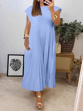 Vestido fruncido de unicolor y talla grande, elegante para el verano