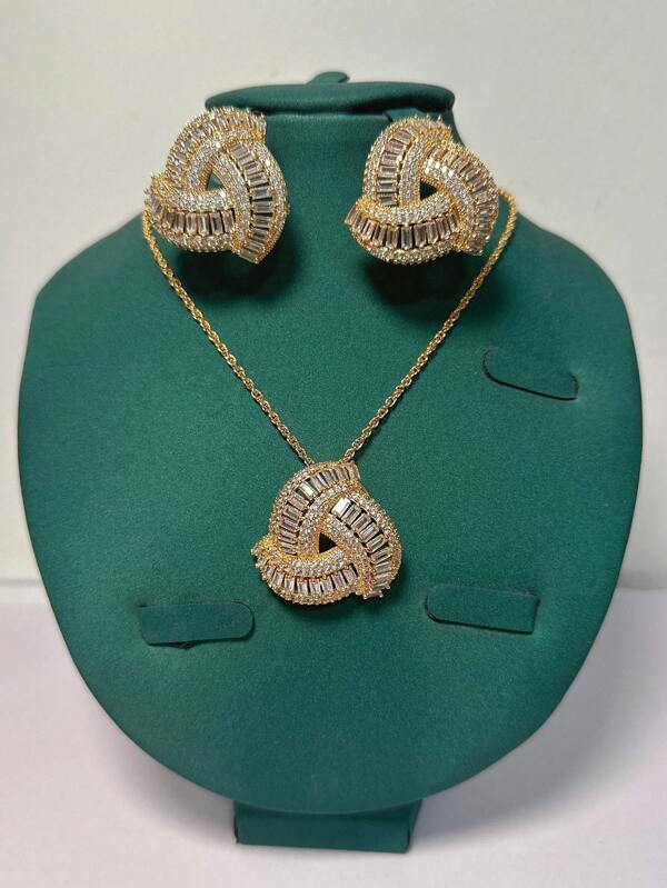 3pcs Luxury Silver Tone Necklace & Earrings Jewelry Set. New Middle East, Europe, US, Saudi Arabia Bridal Wedding, Daily Party, Valentine's Day, Girlfriend Gift, Ramadan Rhinestone Necklace Accessory Set