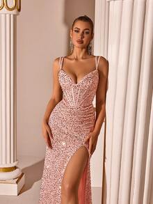 ADYCE Sequin Spaghetti Strap V-Neck Front Slit Back Criss-Cross Long Evening Dress, Women Formal Party Gown - Màu Hồng baby - Xem 7