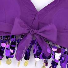 Women Glitter Sequins Circle Tassels Halter Neck Padded Belly Dance Crop Top