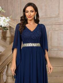 MIUSOL Váy Maxi dự tiệc trang trọng cổ chữ V tay cánh bướm ren hoa, thắt lưng sequin, váy dự tiệc thanh lịch dành cho nữ, váy dạ hội trang trọng, dành cho khách dự tiệc cưới, tốt nghiệp, tiệc tối - Màu xanh hải quân - Xem 7