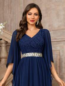 MIUSOL Váy Maxi dự tiệc trang trọng cổ chữ V tay cánh bướm ren hoa, thắt lưng sequin, váy dự tiệc thanh lịch dành cho nữ, váy dạ hội trang trọng, dành cho khách dự tiệc cưới, tốt nghiệp, tiệc tối - Màu xanh hải quân - Xem 9