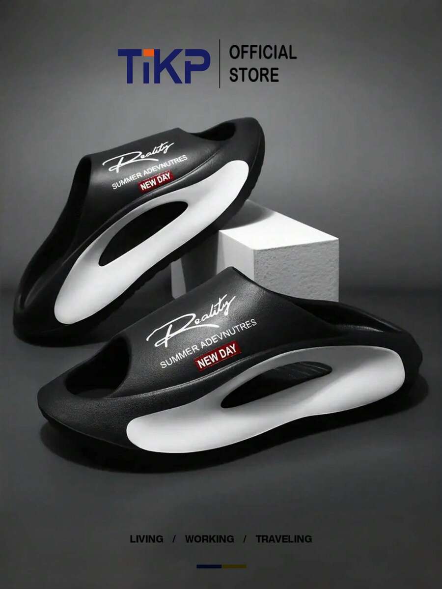 TIKP Dép EVA nhẹ thời trang cho nam, dép hở mũi chống trượt, giày mùa hè thông thường phù hợp cho hoạt động ngoài trời, bãi biển, tắm vòi sen, dành cho cả nam và nữ - màu đen và trắng thực sự - Xem 1