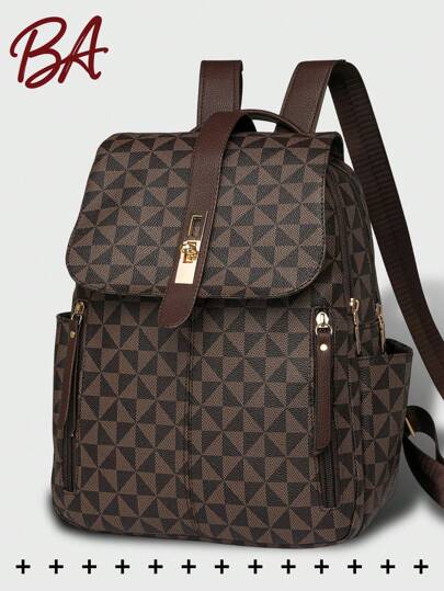 Anti-Theft Pu Leather Geometric Print Backpack Women Purse, Multi-Function Fashion Day Bag, Multi-Pocket Lightweight Travel Bag, Large Capacity Simple School Bag, Convenient Book Bag, For Students, Travel Vacation, Business Trip, Daily Commuting, Shopping, Office, Dating, Outdoor, Birthday Gift, Holiday Gift, Mochilas, Preppy Backpack For School