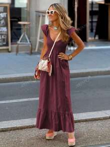 Vestido largo elegante de manga de vuelo con diseño elegante, vestido de verano cómodo y sencillo de unicolor para vacaciones, vestido casual de moda rojo para mujer