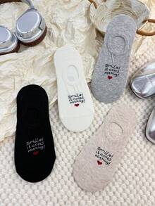 4 Pairs Women's Spring/Summer/Autumn Letter & Heart Print Thin Invisible Boat Socks With Non-Slip Heel Design, Suitable For Daily Wear - Multicolor - View 5
