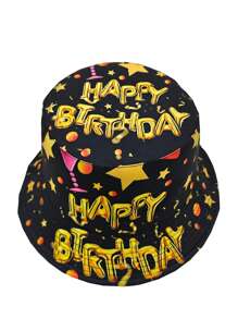 Elegante cappello secchiello con design della corona "È il mio compleanno" - leggero, nero con scritte dorate, 1 pezzo cappello secchiello in poliestere per feste di compleanno