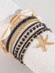 7 peças/Conjunto Pulseiras Femininas de Conchas e Estrelas-do-Mar com Contas, Acessórios de Praia e Diários