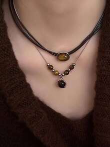 2 件套复古虎眼项链，女士优雅毛衣链，奢华多层锁骨链，百搭日常和派对配饰