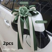 2pcs Wedding Celebration Flower Car Rearview Mirror Decor, Handle Bow Decor, Retro Luxury Wedding Chair Back Flower Arrangement, Vehicle Decor