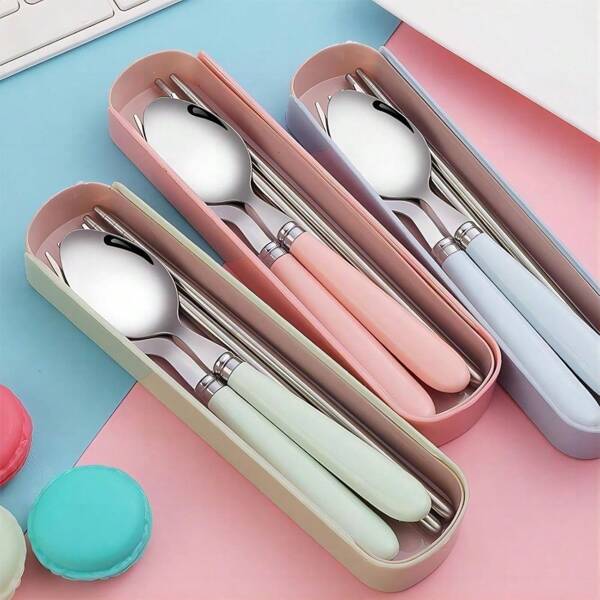3 Stück/Set wiederverwendbares Reisebesteck Set mit Tasche, Geschirr, Besteckset, Reisezubehör, Party Besteckset, Edelstahl Reisebesteckset, Einweg-Besteck mit tragbarer Tasche, enthält Gabel, Löffel, Essstäbchen, für Camping, Schule, Büro, Blau
