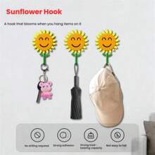 1/2PCS Sunflower Wall Hooks - Stretchable Self-Adhesive No Drill Hooks For Kitchen,Office,Door (ABS Material) Cute Flower Hooks For Keys,Towels,Home Decor