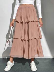 falda larga de olanes  Liso    Casual  Elegante    Bajo con volante  Capas relajadas  Volante    Boda - Caqui - Ver 2