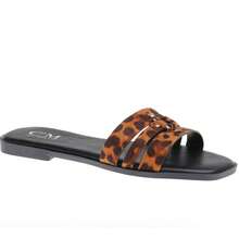 calcena Sandale plate pentru femei, design minimalist cu vârf pătrat și curea țesută cu nituri, pantofi de vară la modă cu curea dublă, pantofi plați eleganți din piele PU, pantofi de plajă și vacanță - Imprimat Leopard - Vizualizare 1